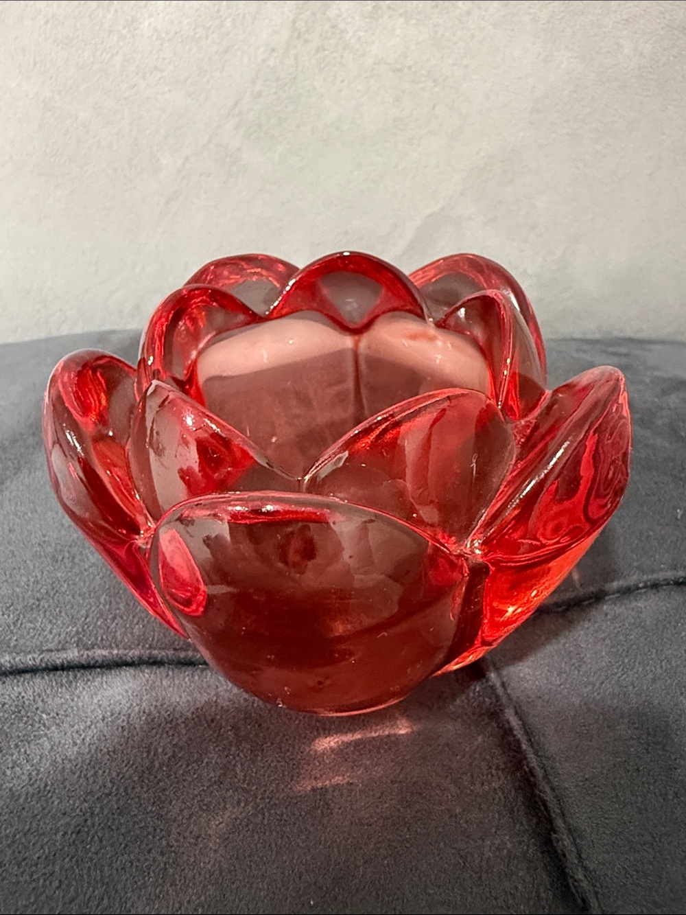Vintage Pink Art Glass Votive Cup Tea Light Holder Rose Lotus Bowl Heavy Glass